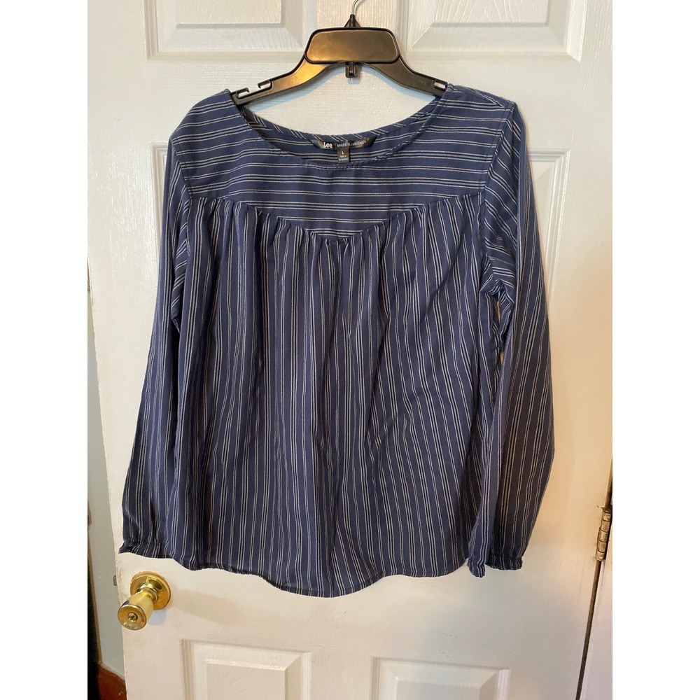 Lee Shape Illusions Womens Navy Blue Striped Long Sleeve Blouse Top L Lg
